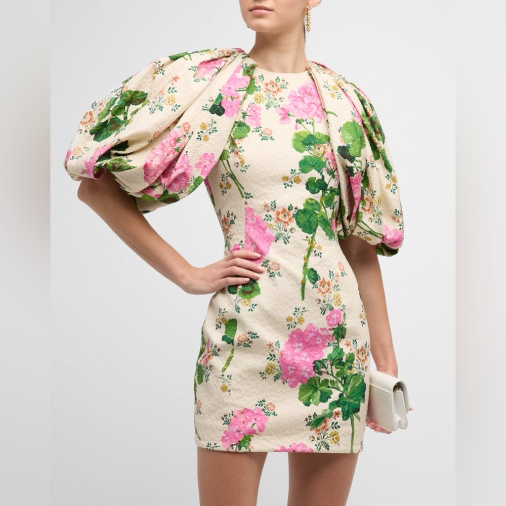 NWT Oscar de la Renta Floral Print Puff-Sleeve Backless Mini Dress